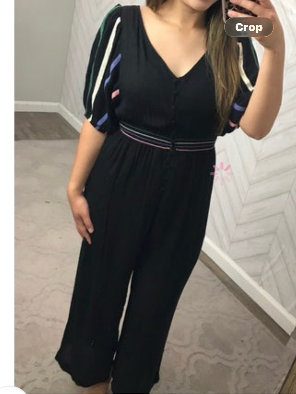 ENTRO Black Jumpsuit with Multicolor Stripe Accents
